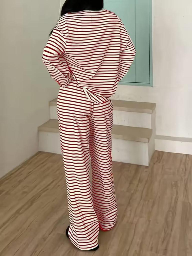 European-American Women's Striped Long Sleeve Top & High Waist Pants Set - Autumn 2025 Fashion Casual Wear.