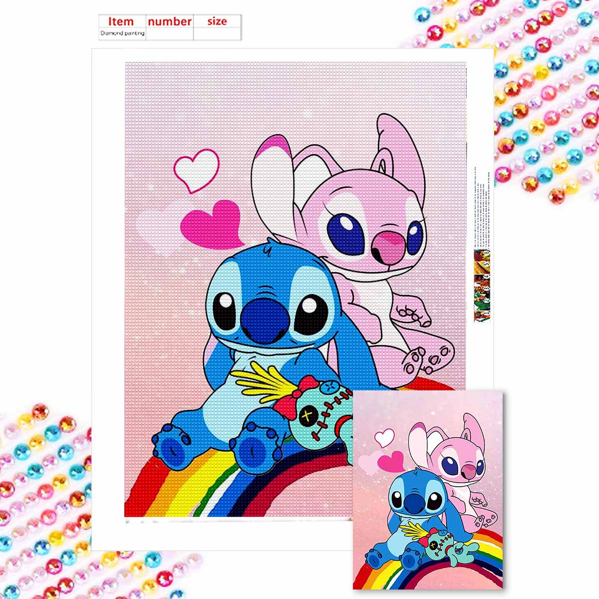 

Полная круглая алмазная вышивка Стич и его подруга Искусство Стразы Картина Мозаика DIY 5D Вышивка крестом Домашнее украшение Round 20x30cm