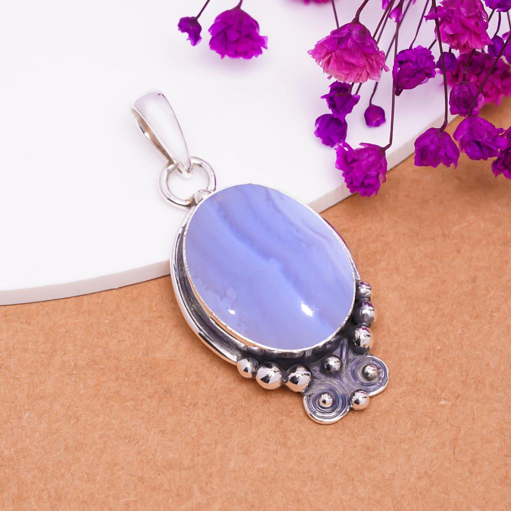 Blue Lace Agate - Namibia 925 Sterling Silver Pendant V7676, Blue Pendant, Oval Pendant, Valentin's Day Gift, Gift For Her, Birthday Gift, Handmade Je
