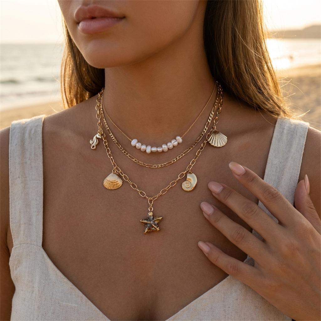 Bohemian Starfish Shell Pendant Necklace For Women Trendy Summer Beach Pearl Chain OT Buckle Choker Travel Party Jewelry