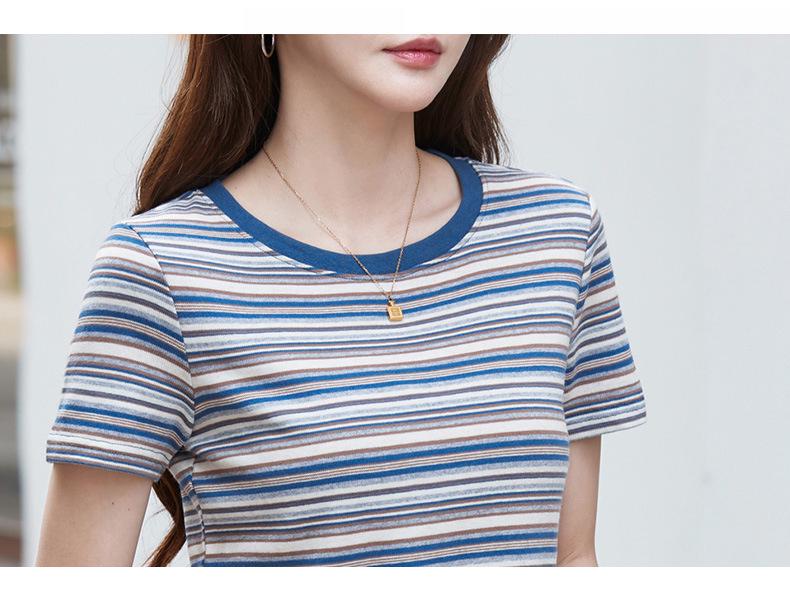 Women's Striped Short-Sleeve Round Neck Loose T-Shirt, Casual Color Block Plus Size, Japanese & Korean Style