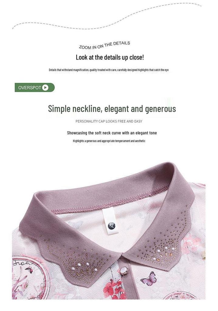 2026 Spring New Mother's Seven-Sleeve Ice Silk T-Shirt for Middle-Aged & Elderly Women - Spring/Summer Fashion Lapel Top