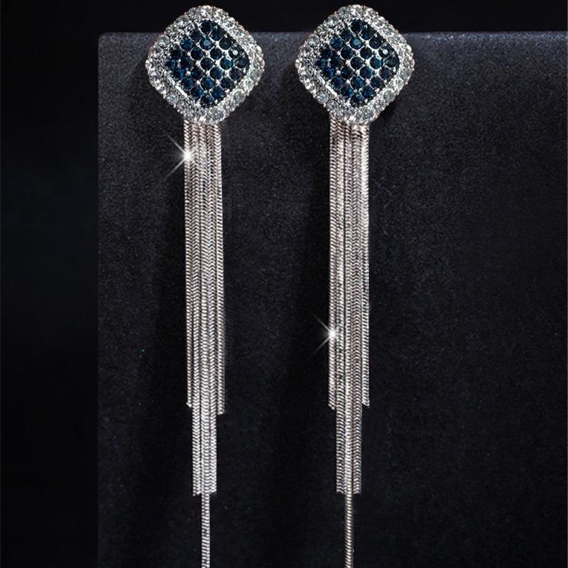 2023 Elegant Square Crystal Tassel Stud Earrings for Women - Retro Hong Kong Style