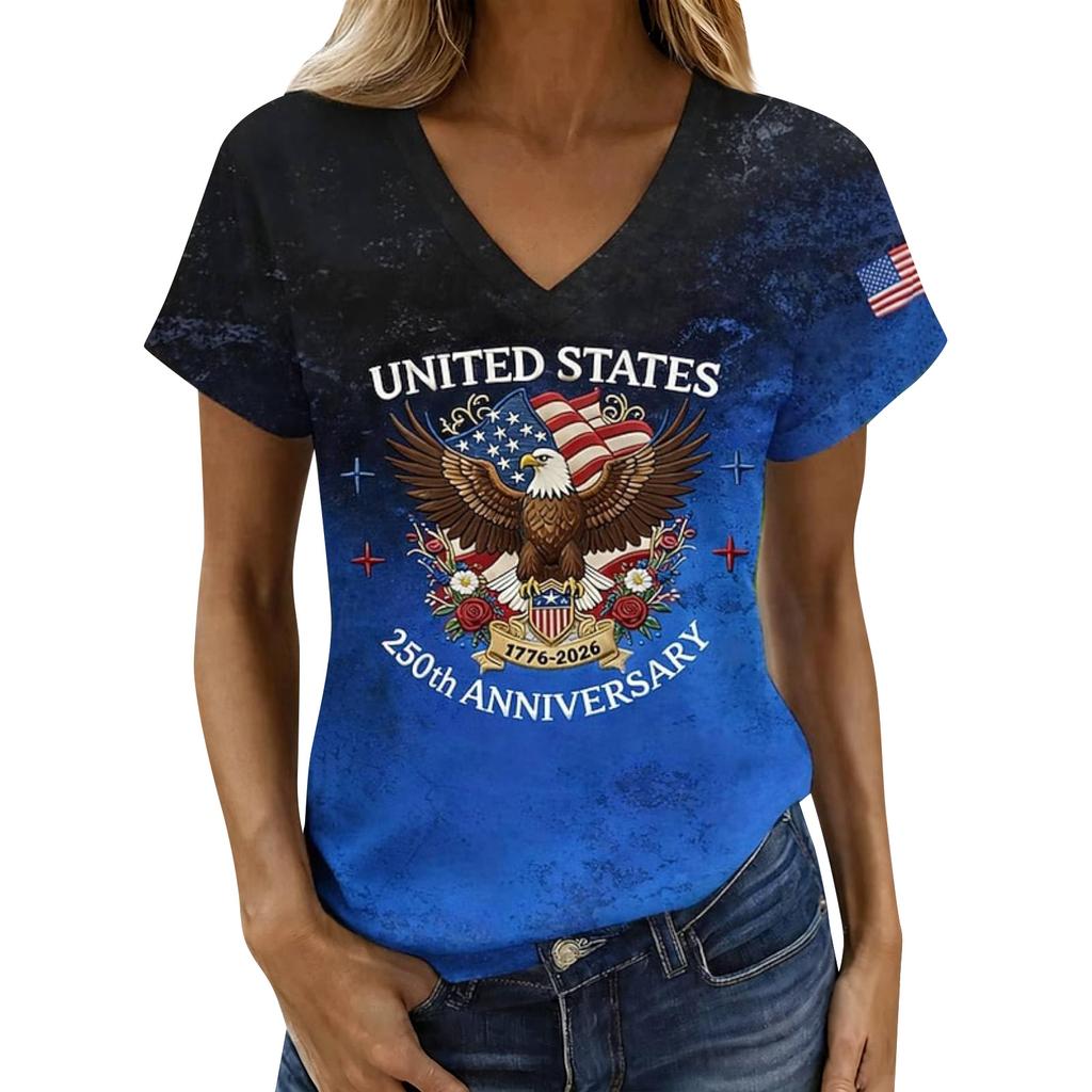 Women Casual V Neck Short Sleeve Pullover T Shirt Independence Day Graphic Top Lightweight Comfortable Fit