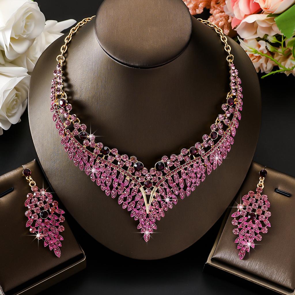 FYUAN Luxury Inlay Rhinestone Necklace Earrings for Women Purple Crystal Water Drop Pendant Wedding Bride Jewelry Sets