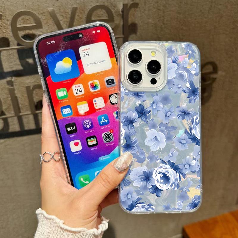 Blue Flowers Pattern Laser Phone Case For iPhone Air 17 16 15 14 13 15 Pro Max 16 15 Plus 13 17 Pro  Shockproof Hard Cover Funda