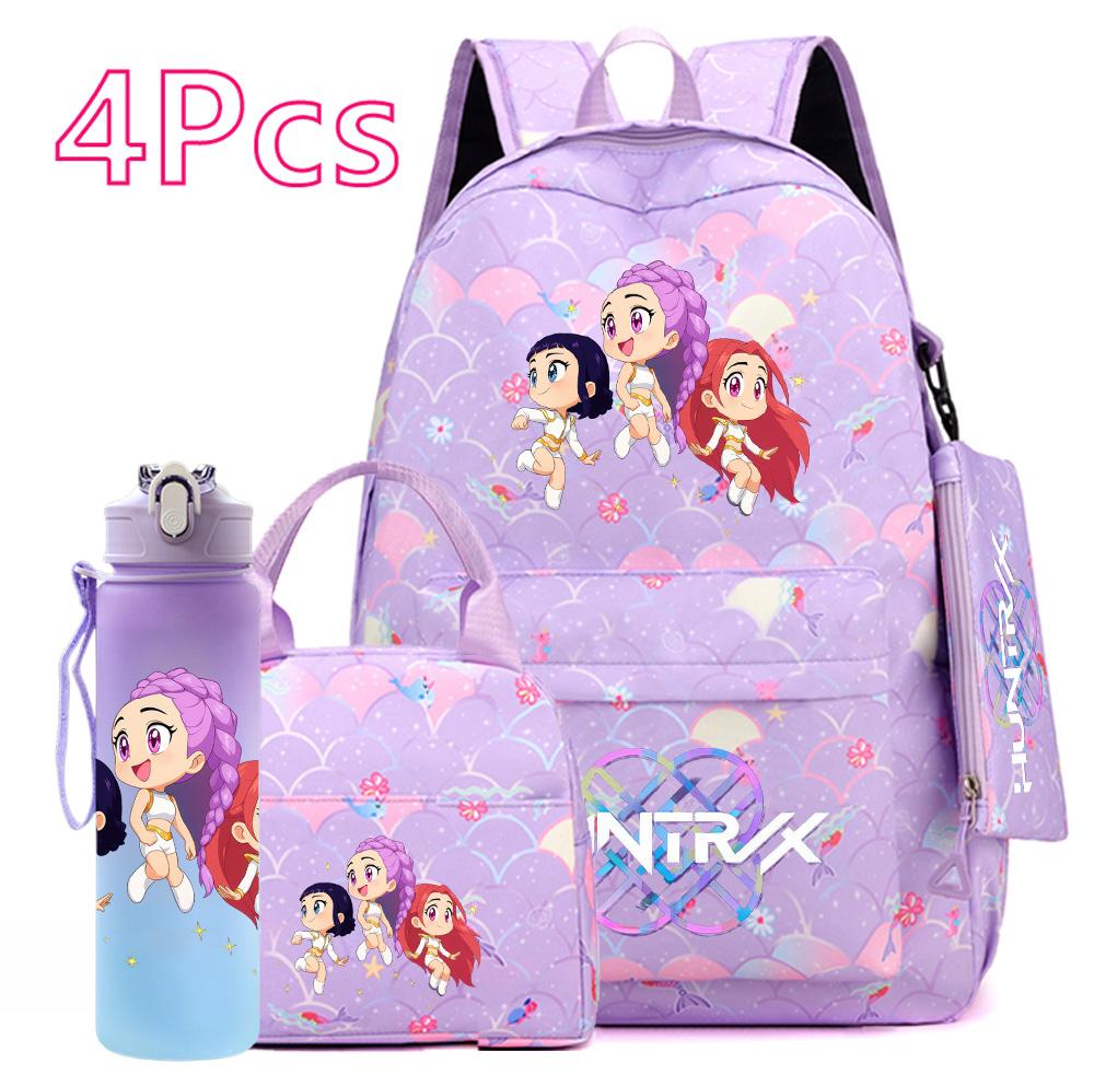 4-teiliges/Set K-POP Bedruckter Rucksack Große Kapazität Schultasche Handtasche Etui Tasche mit 750 ml Wasserflasche Junge Mädchen Schultasche wasserdicht Reisetasche Mochila