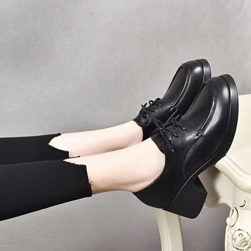 Women's Shoes Medium Heel Thick Heel Single Shoes Women's New Lace-up Small Leather Shoes Women's Casual Work High Heel
