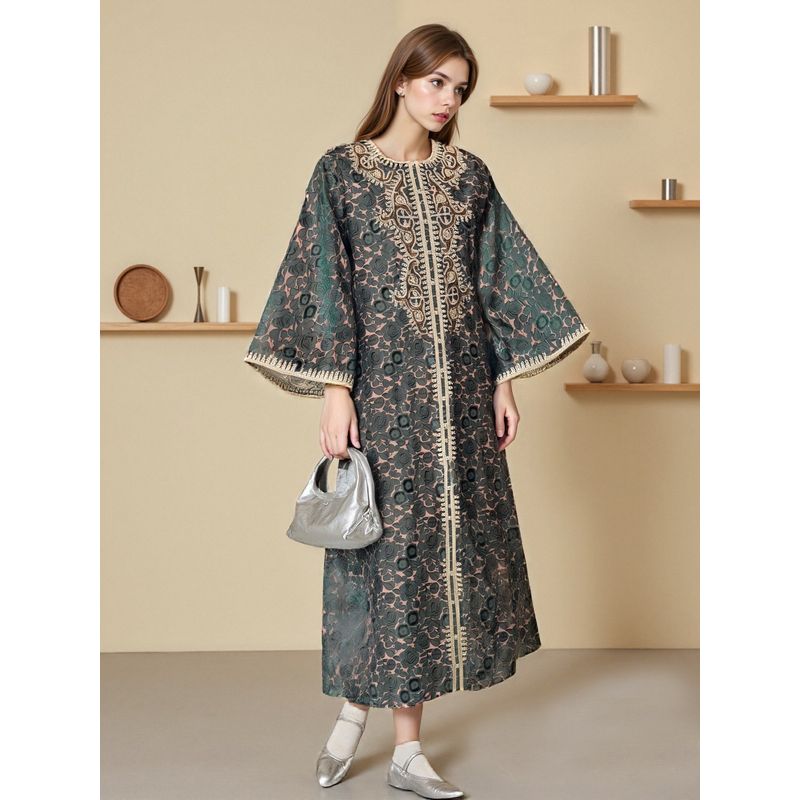 

2025 Ближний Восток Трансграничная Женская одежда Халат Вышитый Дубайский Принт Бриллиант Женское Арабское Платье Платье Dark green XL