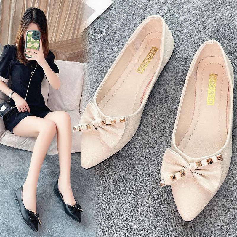 Pointed flat-bottomed bow single shoes female 2025 new summer shallow mouth fairy wind soft-soled flat-heeled Doudou shoes female