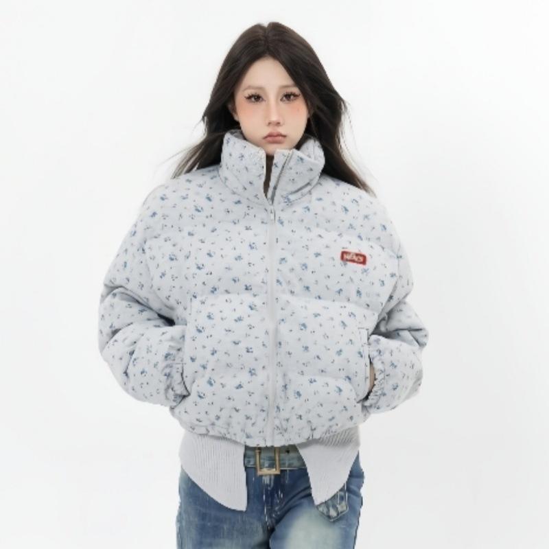 Cotton Clothes with Small Floral Prints Are Full of Short Stand-up Collar Cotton Clothes for Women's Winter Loose Warm Bread Clothes Jacket.