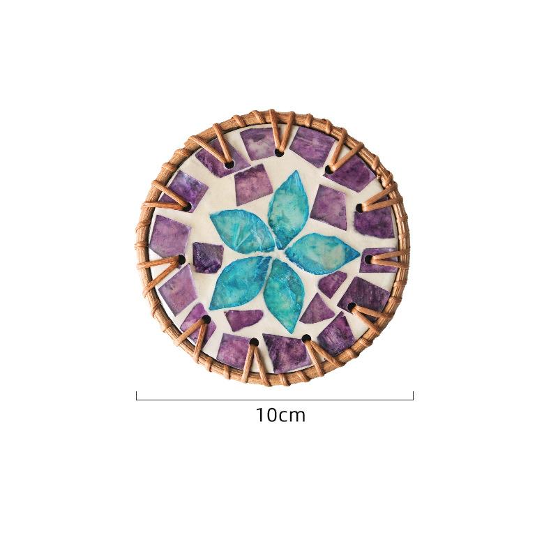 Rattan Shell Coaster Ceramic Heatproof Tea Mat Handwoven Shell Table Mat Decorative Round Coaster Nordic Style