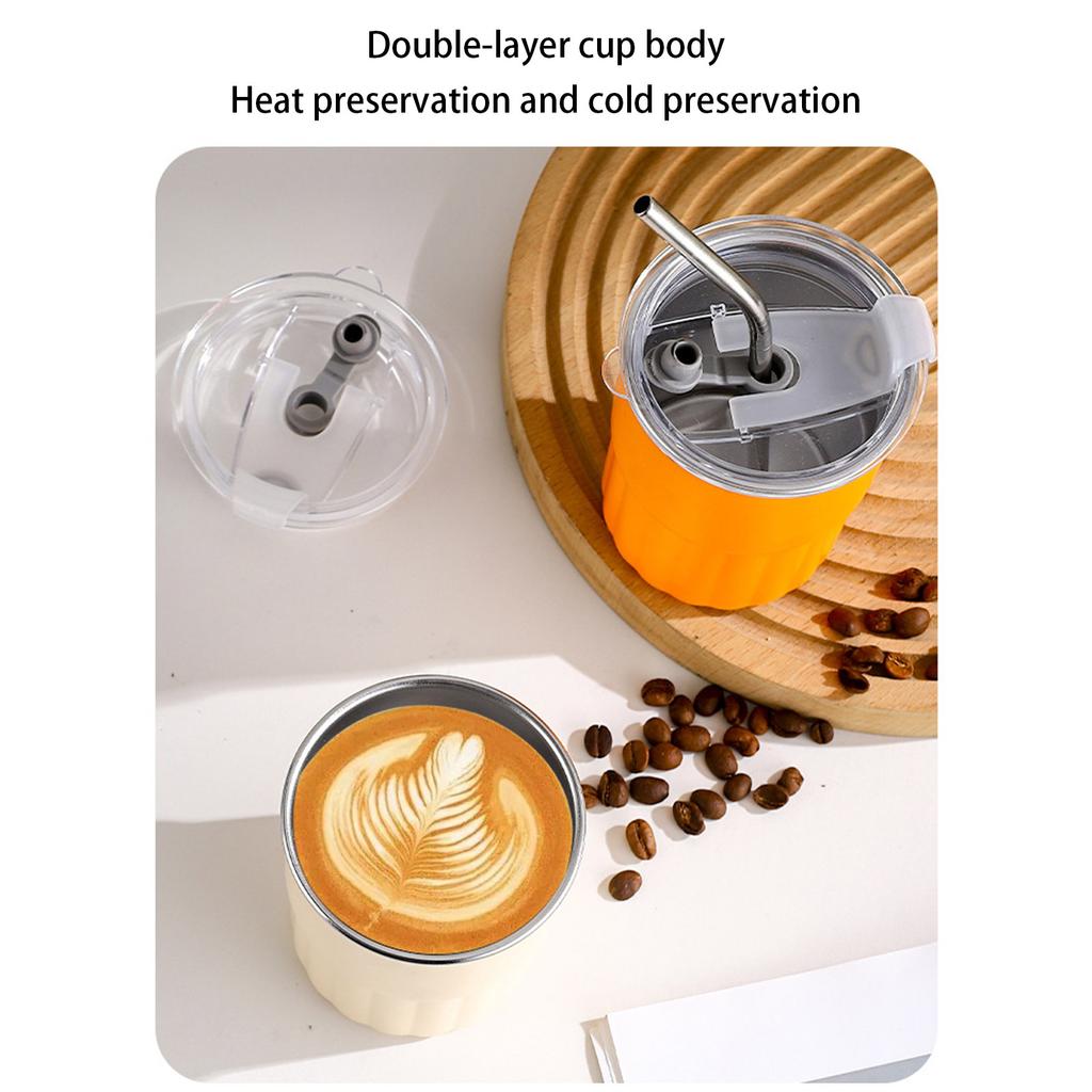 2 Stück Edelstahl Kaffeebecher Set Trinkgeschirr mit Strohhalm und Deckel Stapelbare doppelwandige Tasse für Camping und Outdoor
