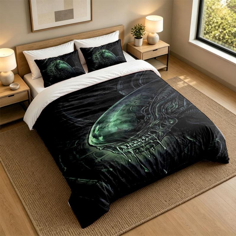 3Pcs Bedding SetAlien Xenomorph Soft Bed Sheet and Two Pillowcases Home Bedroom Decor