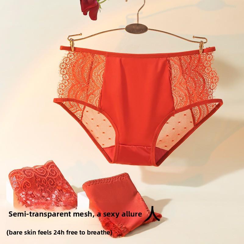 Female Summer New Style Red Satin Sexy Lace Semi Through Hollow Net Gauze Triangle Briefs