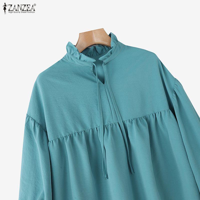 ZANZEA Women Casual Round Neck Loose Puff Long Sleeve Blouse