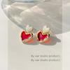 Trendy Sweet Burgundy Enamel Heart Earrings For Women Girl Gold Color Metal Love Heart Hanging Dangle Earrings Vintage Jewelry