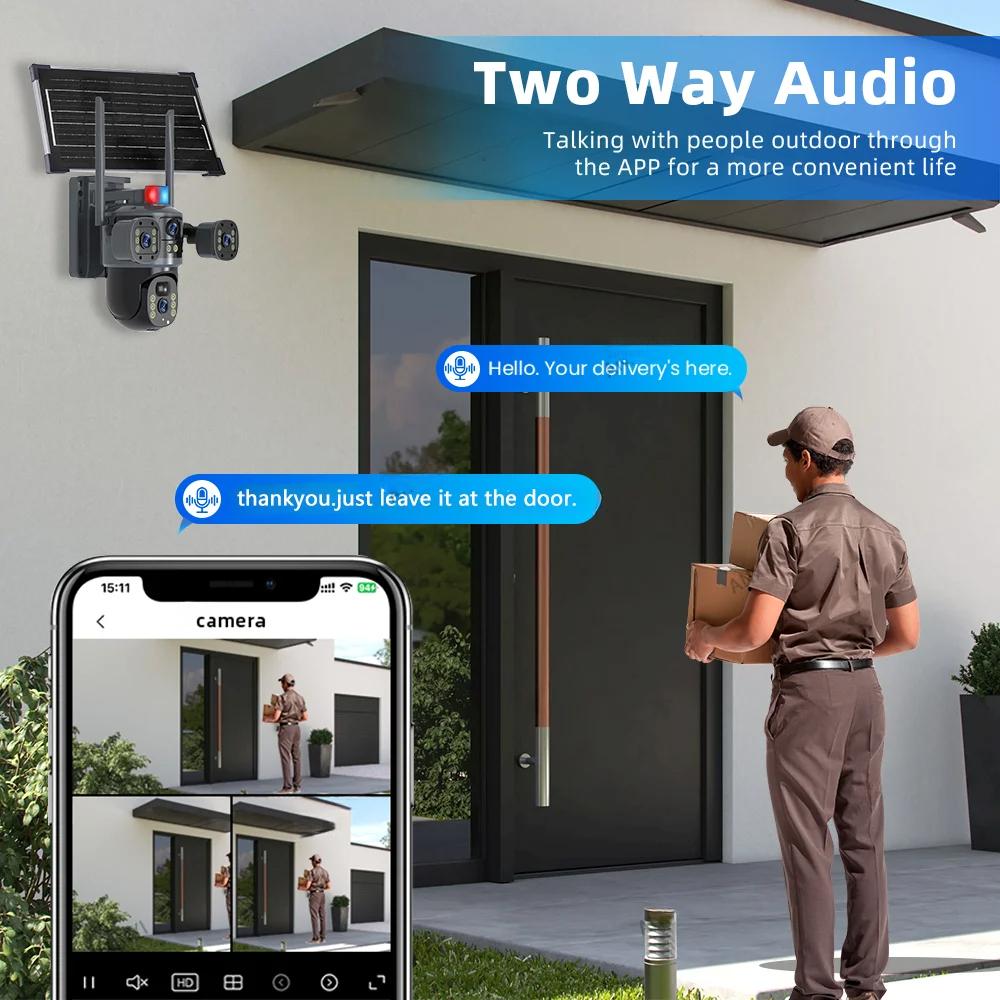 Nová 8MP 4K víceobjektivová 3obrazovková bezdrátová solárně napájená IP PTZ kamera V380 Pro pro venkovní WiFi bezpečnostní dohled 4G SIM karta CCTV kamera