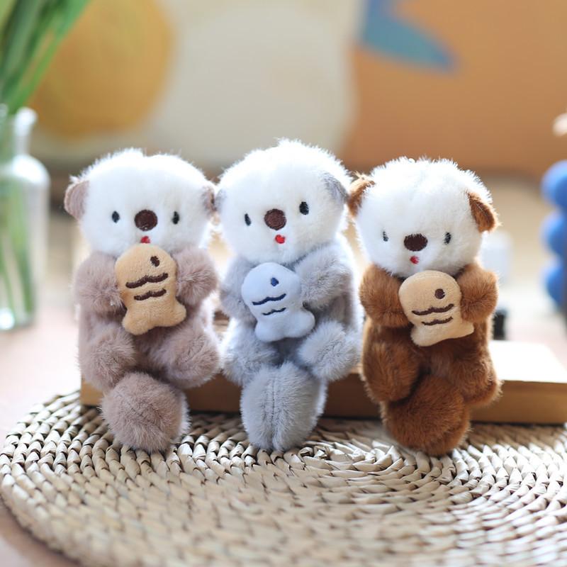 Cute Plush Otters Holding Fish Keychain  Backpack Animal Keyrings Bag Key Wallet Pendant Toy Girls Gift