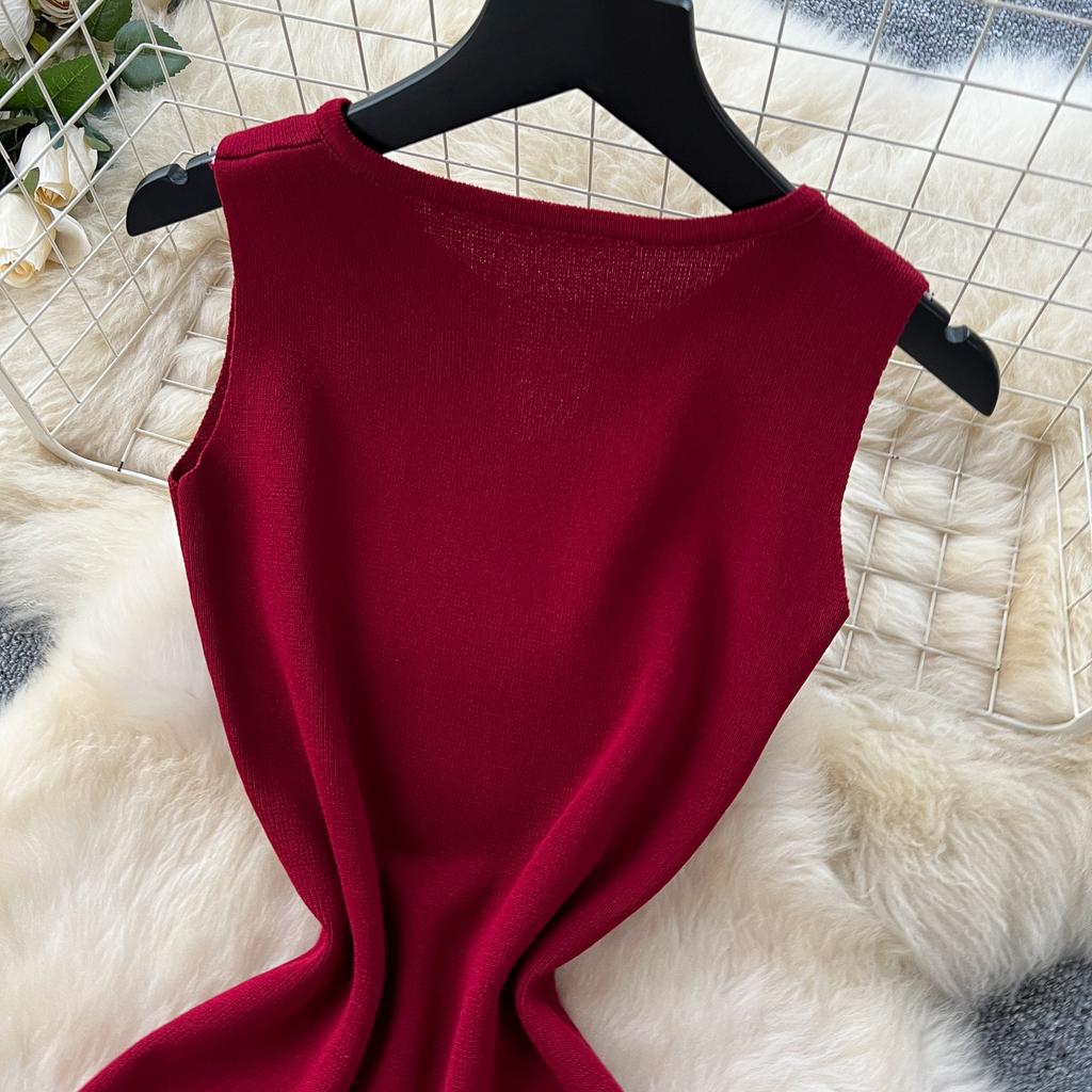 High-end Knitted Splicing Irregular Mesh Dress Women's Summer French Waist and Thin Temperament Sleeveless Long Dress