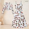 Women Plus Size Two Piece Set Long Sleeve Cropped Shrug Strappy Tie Waist Christmas Bear Printed White Dress
