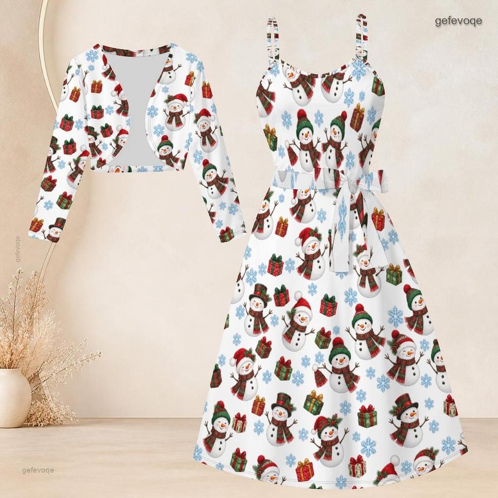 Women Plus Size Two Piece Set Long Sleeve Cropped Shrug Strappy Tie Waist Christmas Bear Printed White Dress