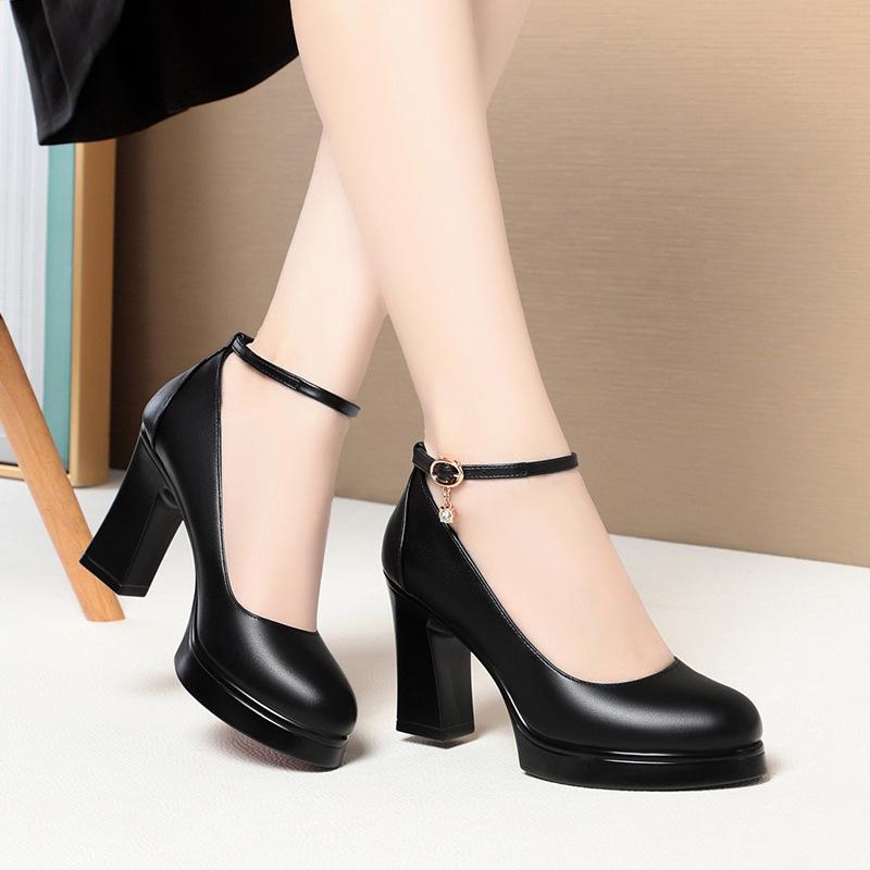 Fashion Middle-Aged And Elderly Model Catwalk Shoes High Heels One-Button Comfortable Mother Single Shoes Leather Dress Autumn Elegant