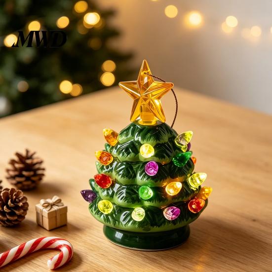 Office Desk Holiday Decorations Christmas Tree Ornament, Glowing Retro Resin Tabletop Decor with Star Mini Topper, Vintage Xmas Trees Night Light for