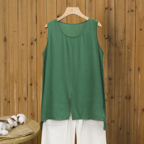 Women Tops Sleeveless Round Neck Front Slit Design T-Shirt Pure Color Loose Fit Summer Casual Camisole Vacation Office Date Wear