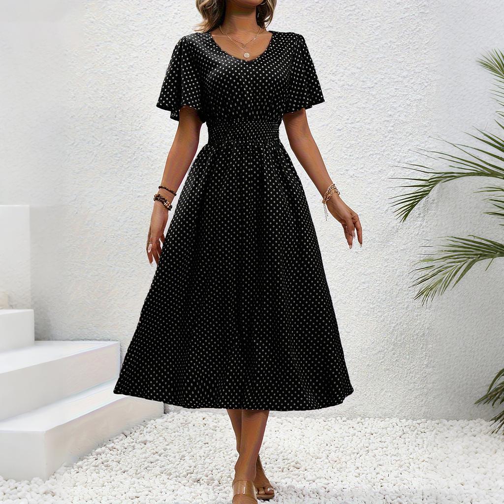 Women's V-Neck Waist-Defining Polka Dot Short-Sleeve Casual Dress
