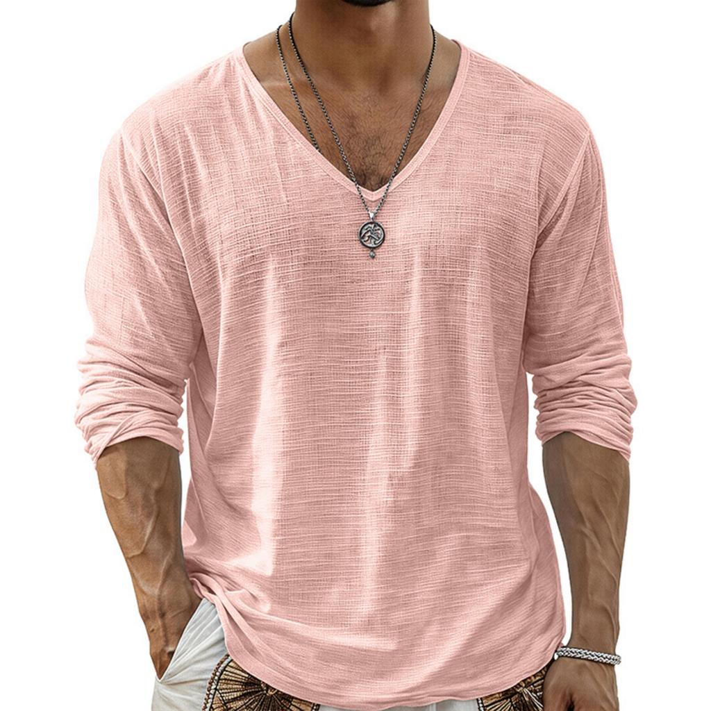 Men Long Sleeve T Shirt V Neck Solid Color Casual Streetwear Lightweight Comfortable Fit Simple Design Long Sleeve Top