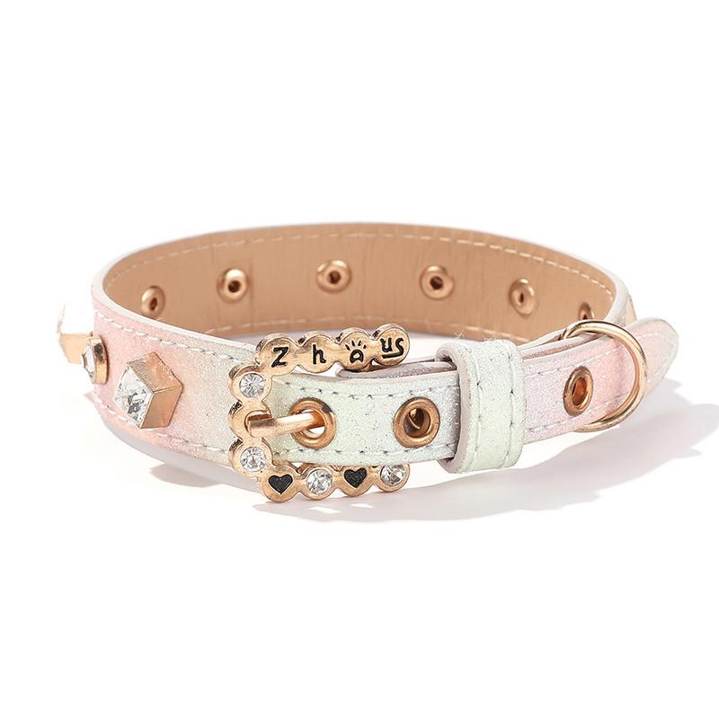 Shiny Gradient PU Leather Pet Collar with Crystal Rivets - Adjustable Bling Dog Cat Collar for Small Pets Yorkshire Accessories