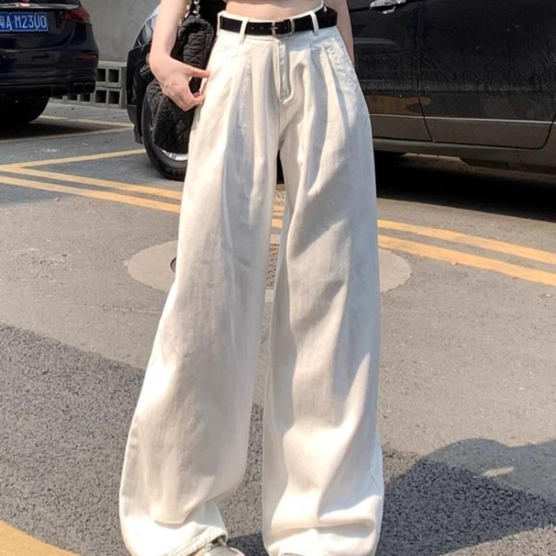 Women High Waist Pleated Wide Leg Jeans Lazy Draped Straight Floor-Length Denim Trousers Fashion Loose Long Pants