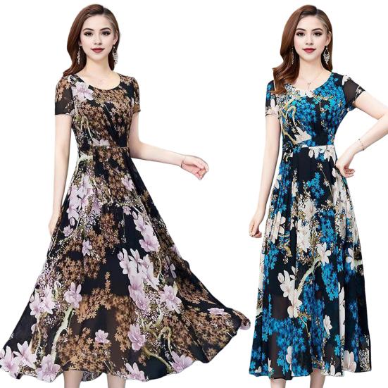 Letnia sukienka damska kwiatowy Print linia A duży brzeg wysoka talia krótkie rękawy wokół szyi plisowana długość do połowy łydki formalna impreza dojazdowa sukienka Midi