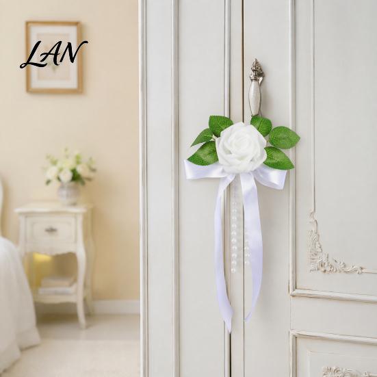 Cost Effective Wedding Decor Artificial White Rose Car Decoration, Door Handle & Rearview Mirror Flower Bouquet Flowers with Satin Ribbon Bow And Faux