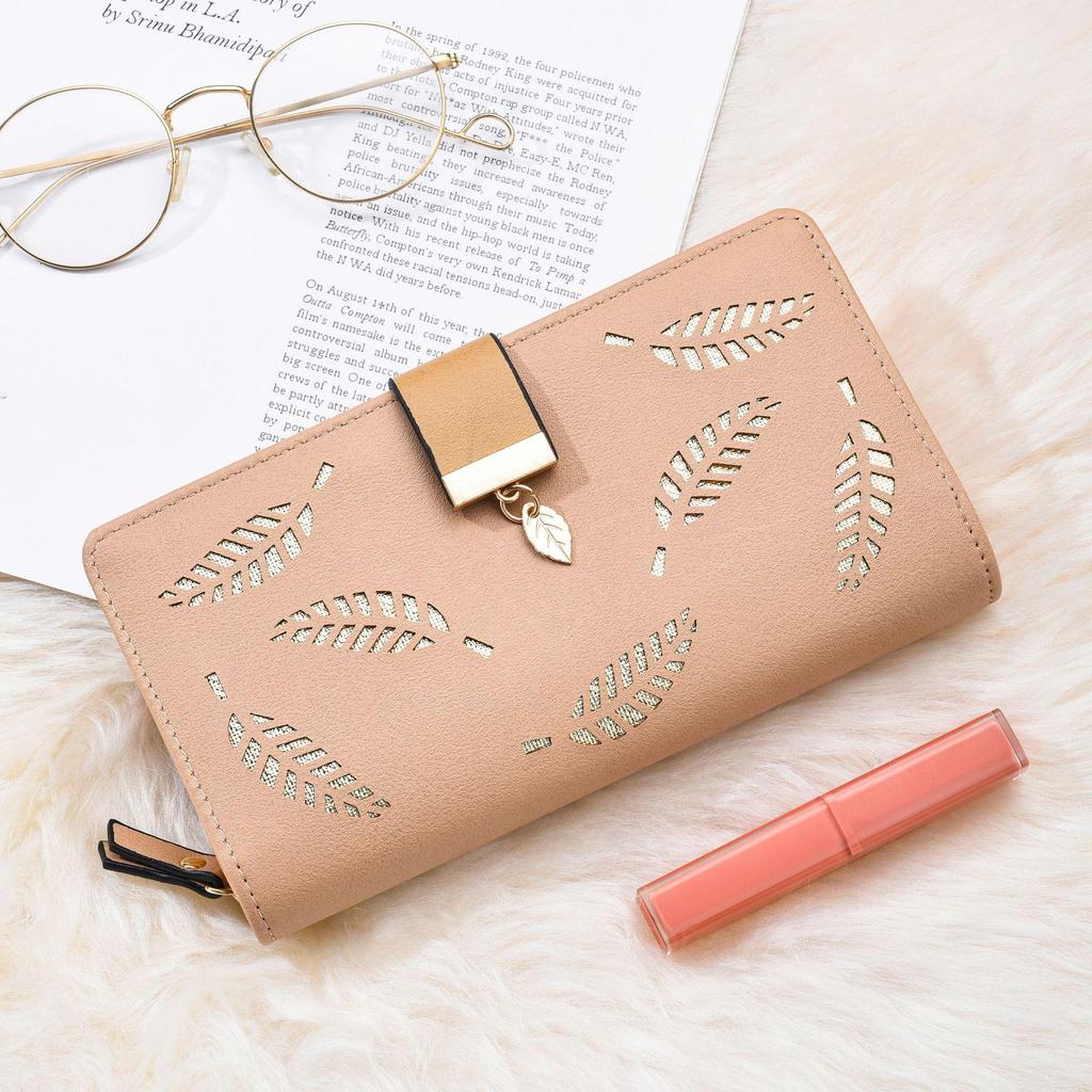 Women's Classic Long Wallet with Leaf Cutout and Zipper Clasp