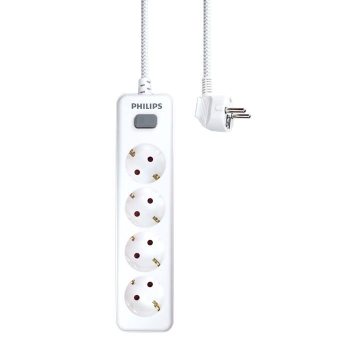 Power Strip - Philips - SPN1142WA/10 - 4 Schuko Sockets - 2 M Braided Cord - On/off Switch