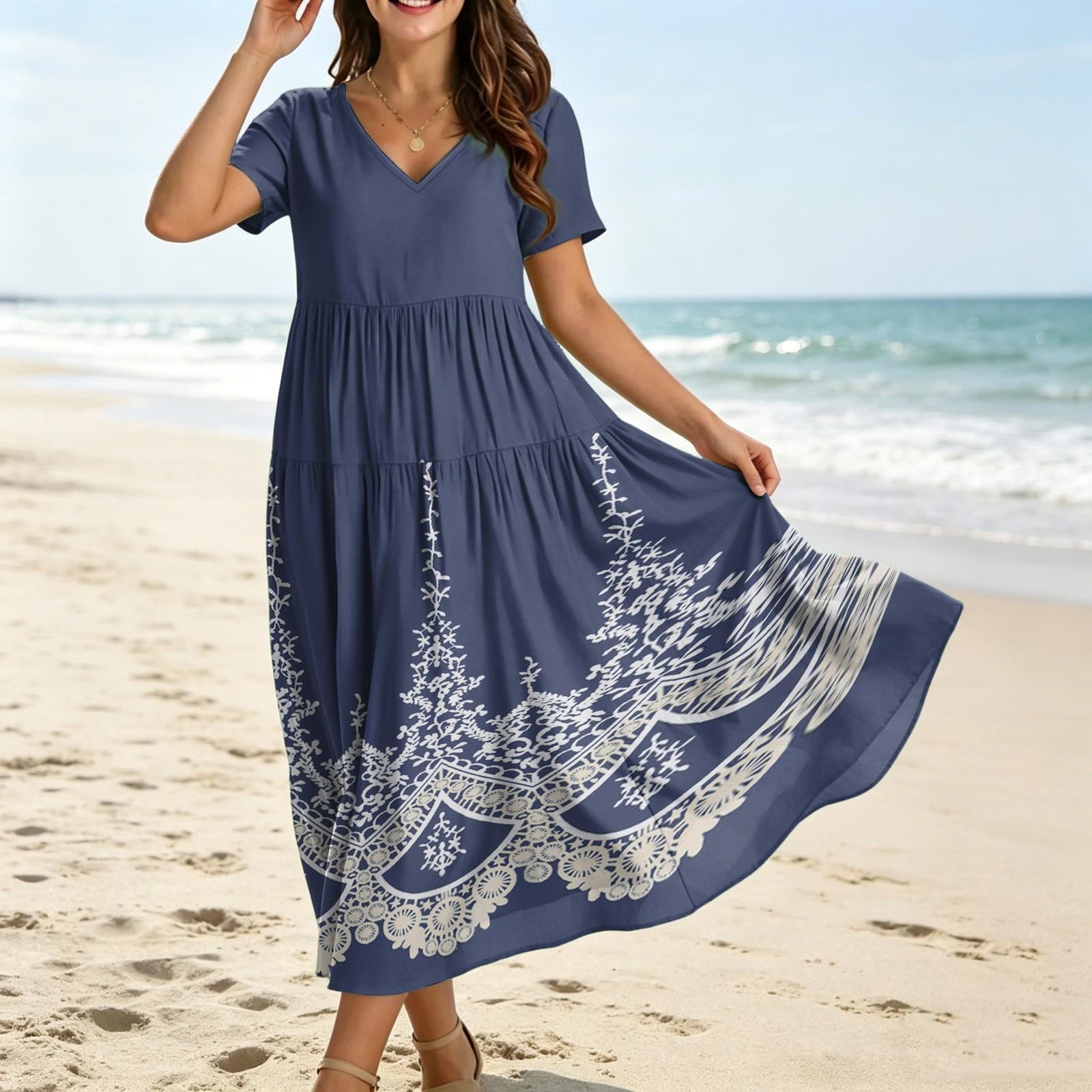 

Женское повседневное свободное богемное платье с цветочным принтом, длинное макси-платье с коротким рукавом, летнее пляжное платье-качели XL синий