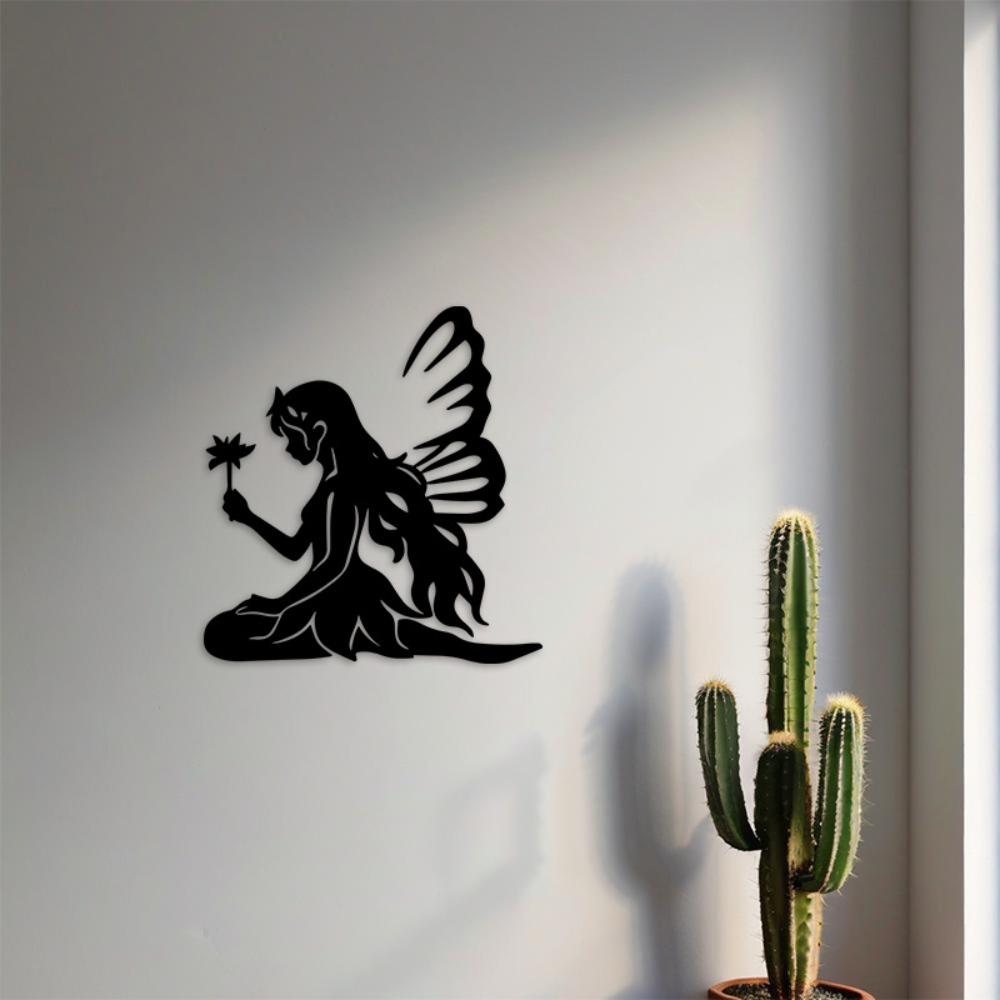 2D Metal Fairy with Lotus Wall Art, Iron Silhouette Sign for Garden, Yard, Living Room Decor, Indoor Outdoor, No Electricity Needed, Magical Accent