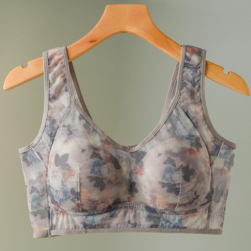 Middle-aged and Elderly Large Size Bra Gathered Comfortable Mesh Back One-piece Fixed Cup Without Steel Ring Underwear