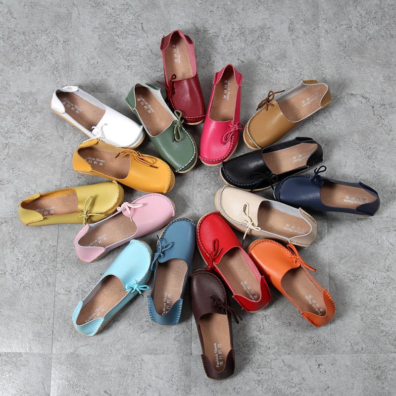 New Moccasins Women Flats  Autumn Woman Loafers Genuine Leather Female Shoes Slip On Ballet Bowtie Women 'S Shoes Big Size