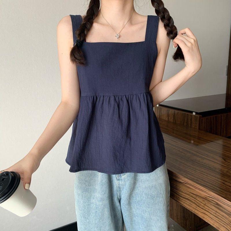 

2023 Новый однотонный топ без рукавов, женская летняя майка с рюшами и дизайном, темпераментная майка S темно-синий