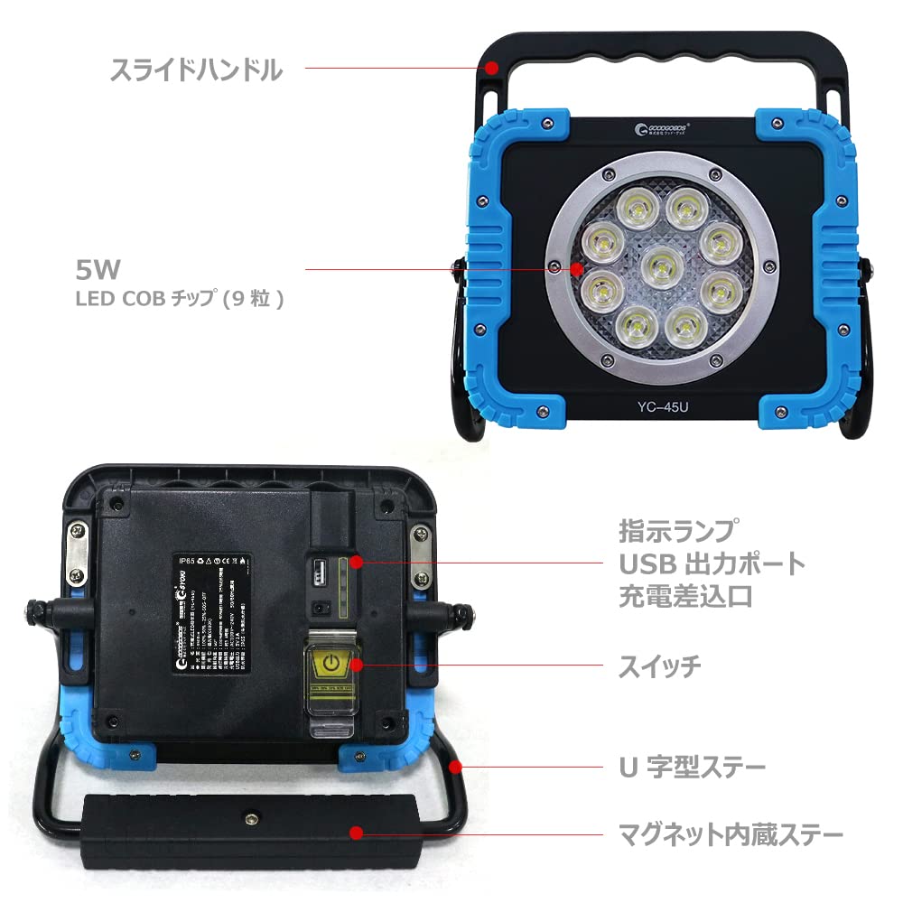 GOODGOODS LED Floodlight, Rechargeable Work Light, 45W, IP65 Waterproof, Smartphone Charging, Daylight White, Ultra Bright, Portable, Outdoor Lighting