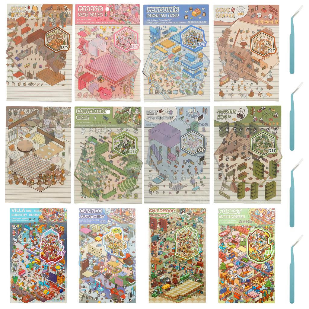 12Pcs 3D Scene Stickers DIY Landscaping Sticker Miniature Scene Visual Stacking and Pasting Landscap Toy for Kid Birthday Gift