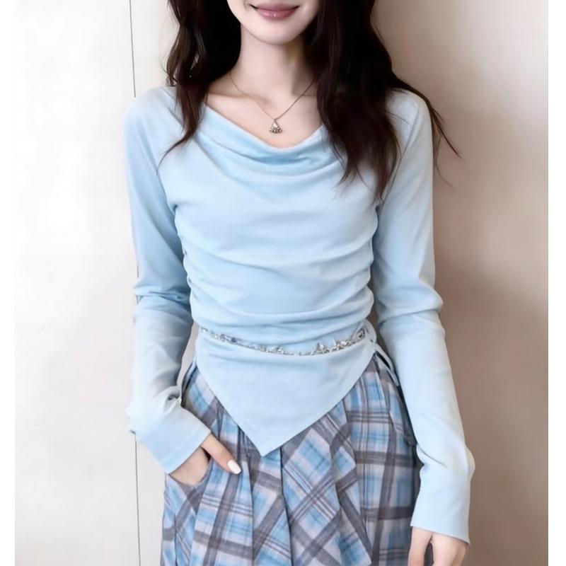 2026 Spring/Summer Korean Style Irregular Swing Hem T-Shirt and Printed Long Skirt Set Medium синий топ только
