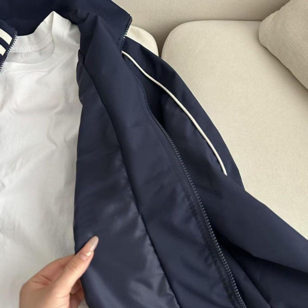 Women's Spring 2025 Retro Dark Blue Baseball Jacket with Stand-up Collar