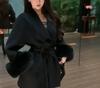 Women's Autumn Wool Coat with Furry Sleeves and Noble Collar