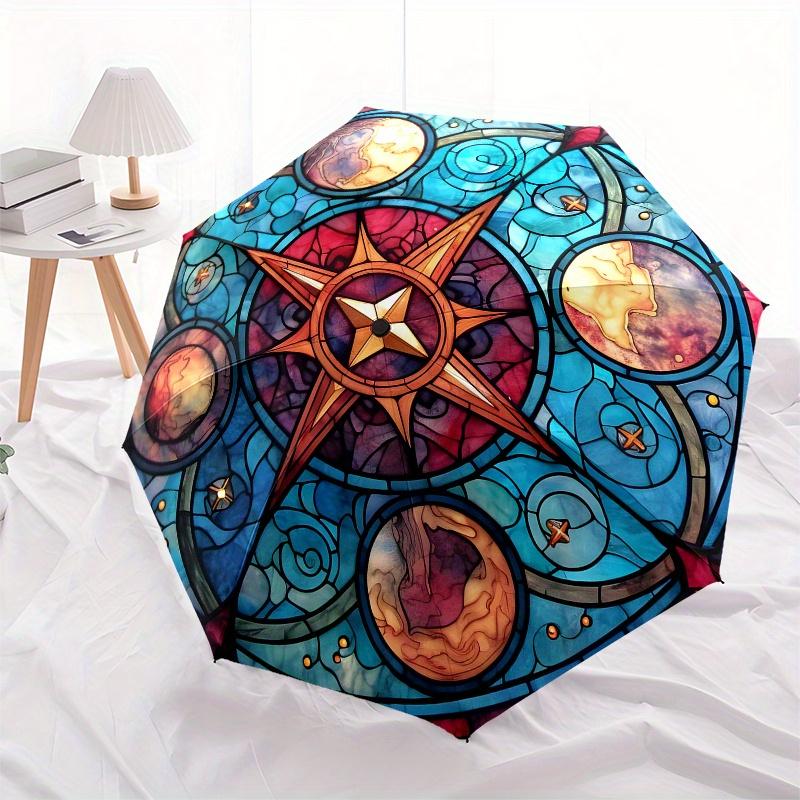 Stained Compass Rose Window ArtUmbrella, Portable 3-Fold Compact Umbrella for Men & Women Gift
