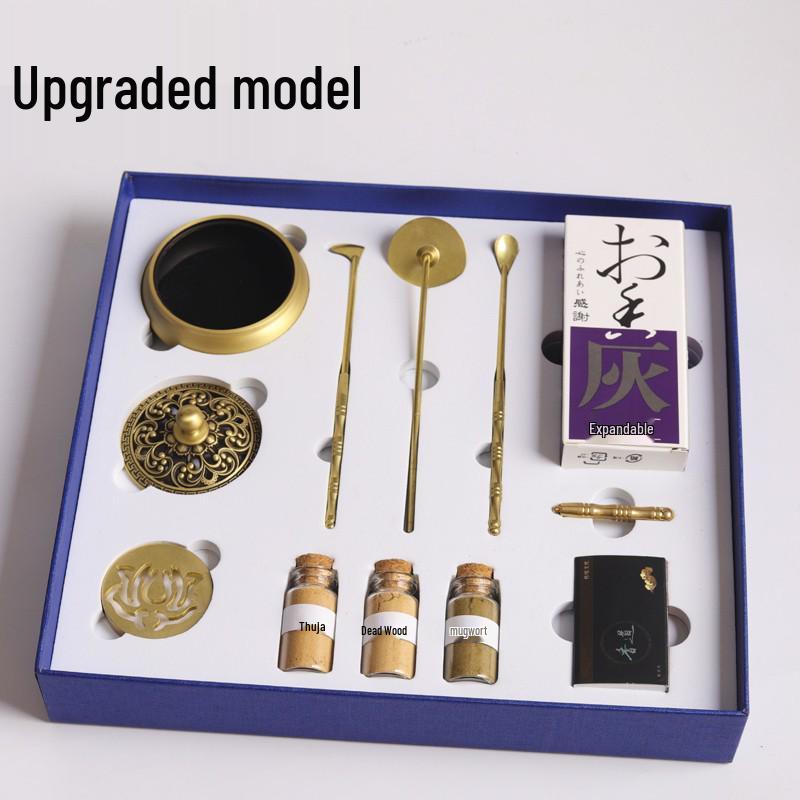 Brass Incense Ceremony Set: Seal Tools, Ash Press, Incense Powder, Burner, Shovel, Spoon, Stamp.
