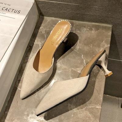 Fashion Kitten Heel Baotou Slippers Women Spring and Summer New Versatile Pointed Toe High Heels Stiletto Half Slippers